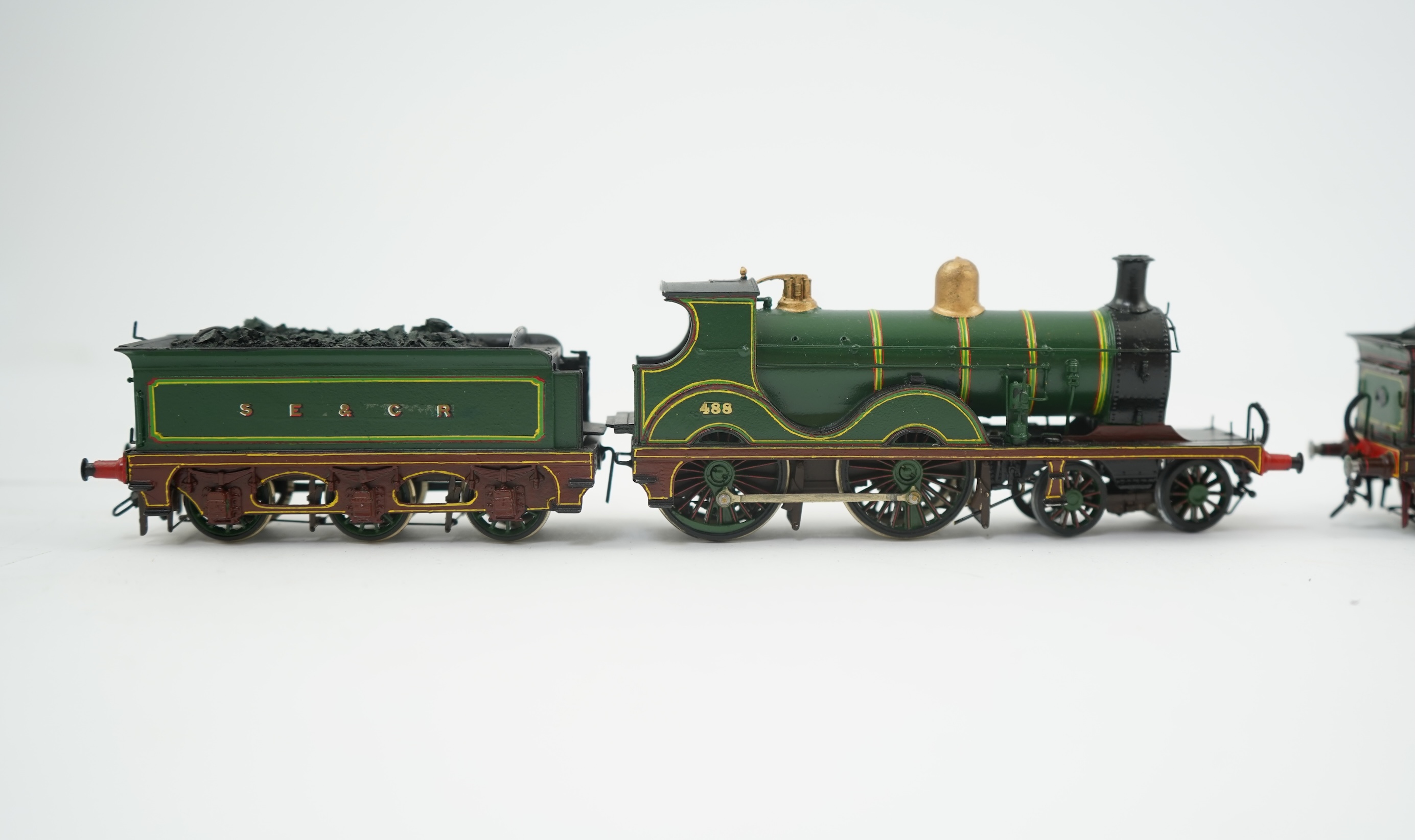 Two 00 gauge brass and white metal kit built Wainwright designed SE&CR tender locomotives (possibly by Wills Finecast); a class D 4-4-0, 488, together with a class E 4-4-0, 273, constructed, painted and lined to a high s